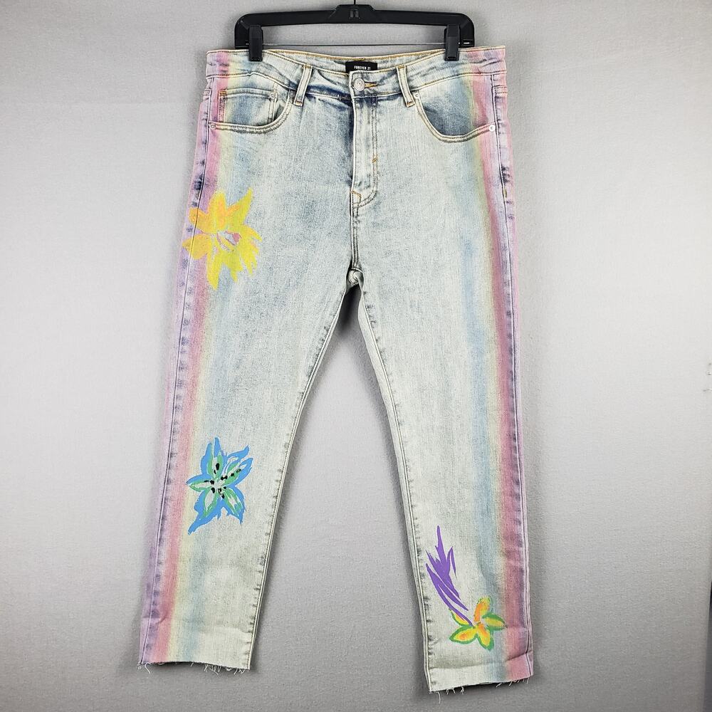 Forever 21 Men's Size 34 Rainbow Graffiti Paint Slim Leg Jeans Art To Wear Pride